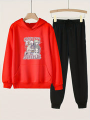 Anime Girl Print Hoodies & Jogger Pants Set For Girls