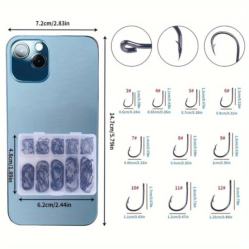 100pcs High Carbon Steel Barbed Fish Hooks Set With Hole, 3-12 Hooks, Tackle Box