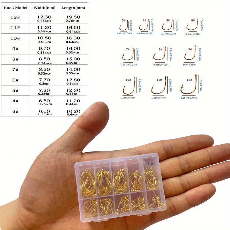 100pcs High Carbon Steel Barbed Fish Hooks Set With Hole, 3-12 Hooks, Tackle Box
