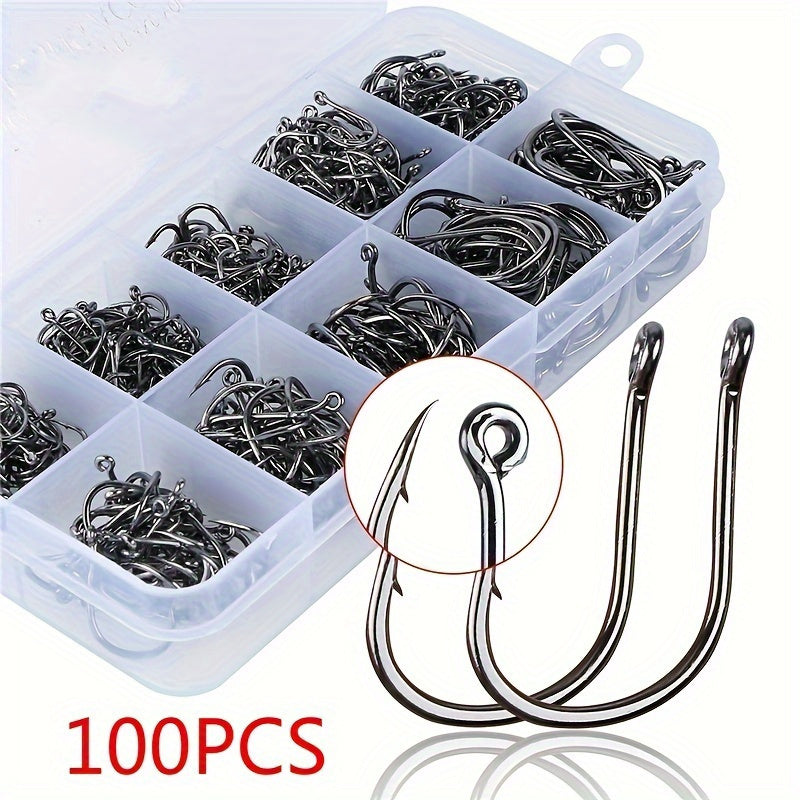 100pcs High Carbon Steel Barbed Fish Hooks Set With Hole, 3-12 Hooks, Tackle Box