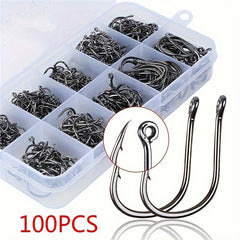 100pcs High Carbon Steel Barbed Fish Hooks Set With Hole, 3-12 Hooks, Tackle Box