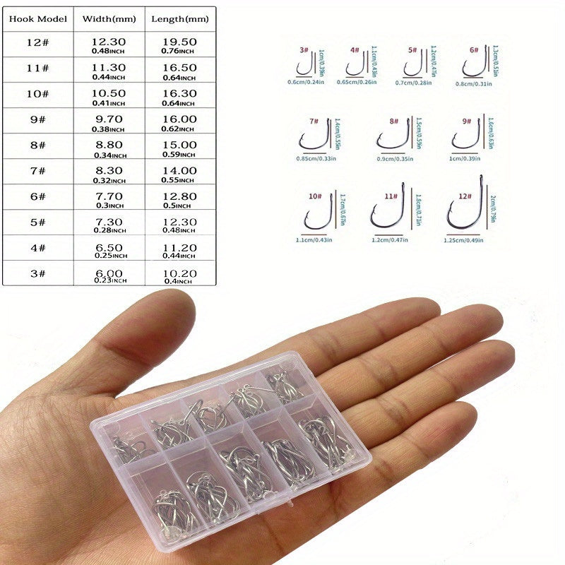 100pcs High Carbon Steel Barbed Fish Hooks Set With Hole, 3-12 Hooks, Tackle Box