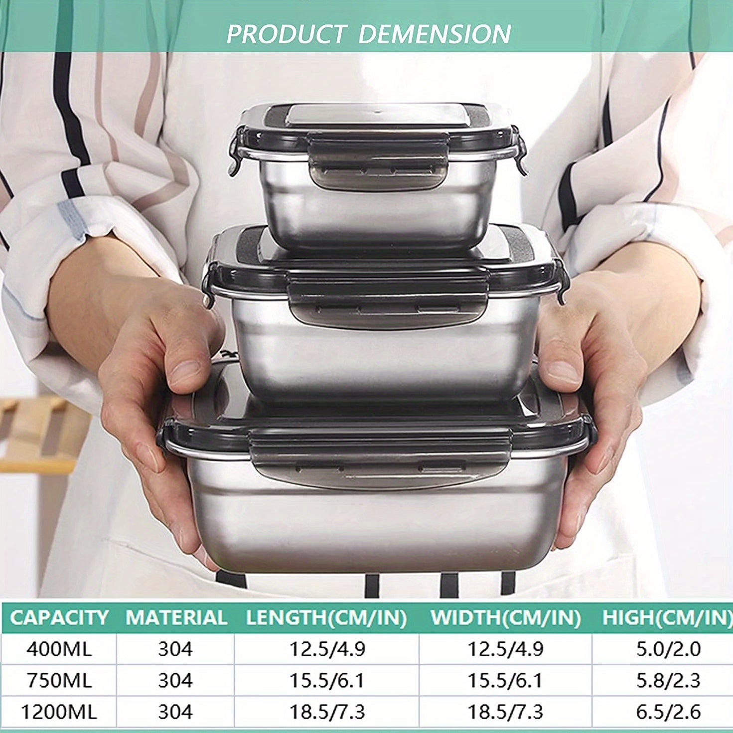3pcs Stainless Steel Sealed Fresh keeping Box Set 400 750 1200ml