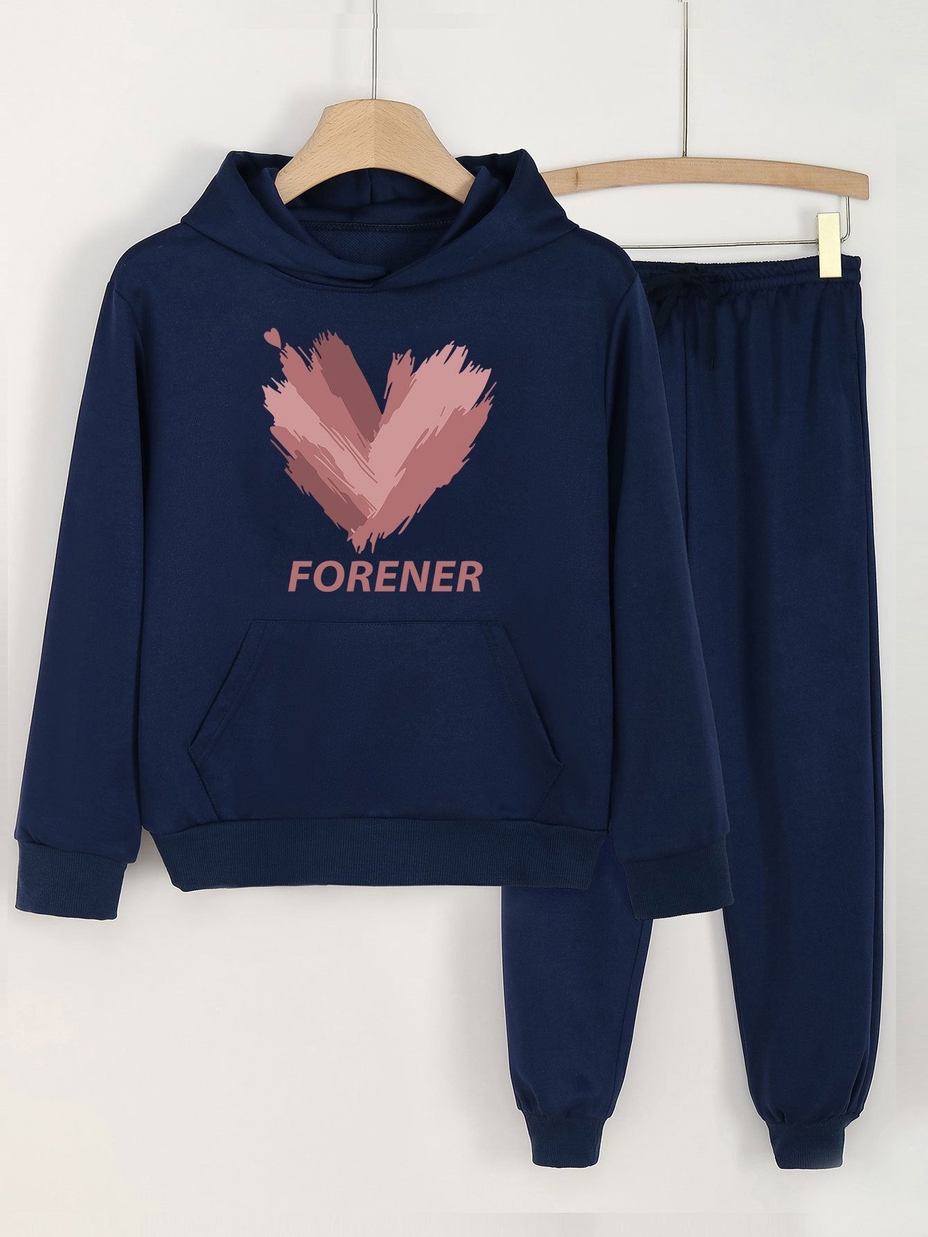 Girls Forener Print Hoodie Pullover Sweatshirt & Solid Sweatpants Set