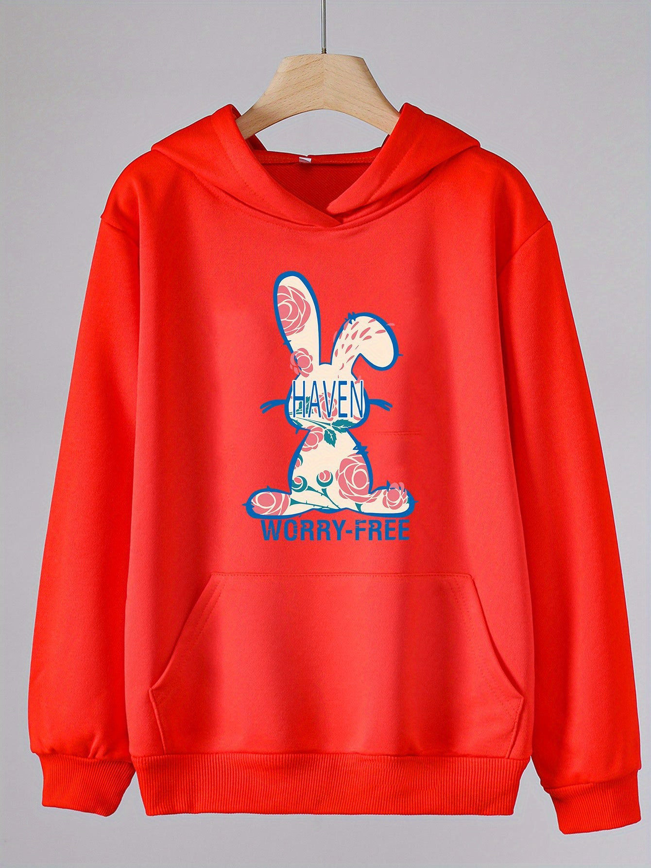 Floral Bunny Print Hoodie for Girls Kids Casual Pullover