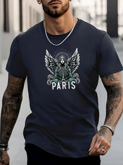 Men's Stylish PARIS Pattern Shirt Casual Crew Neck Short Sleeve Tee Top