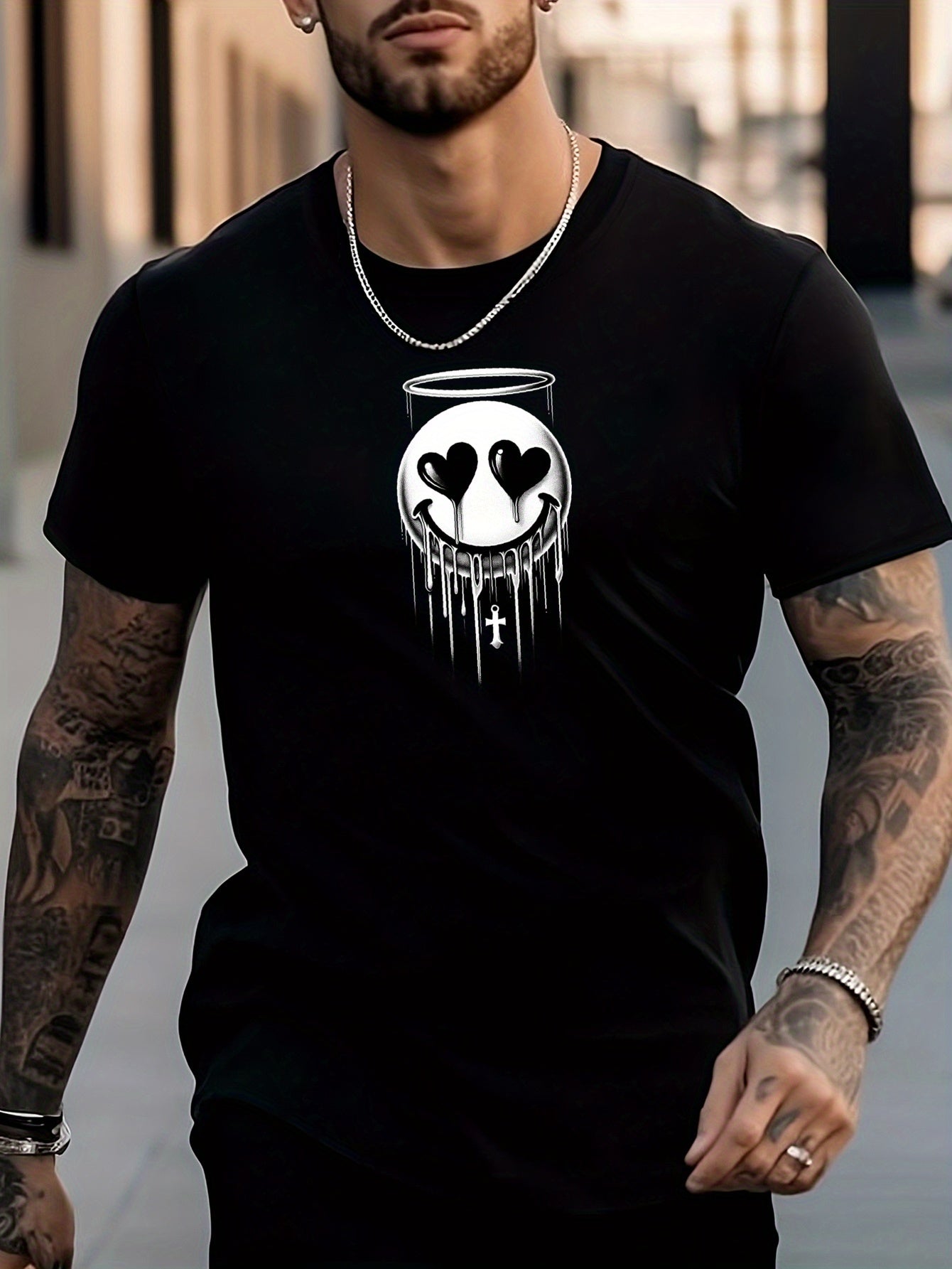 Men's Smiling Face Pattern Shirt Casual Crew Neck Tee Top
