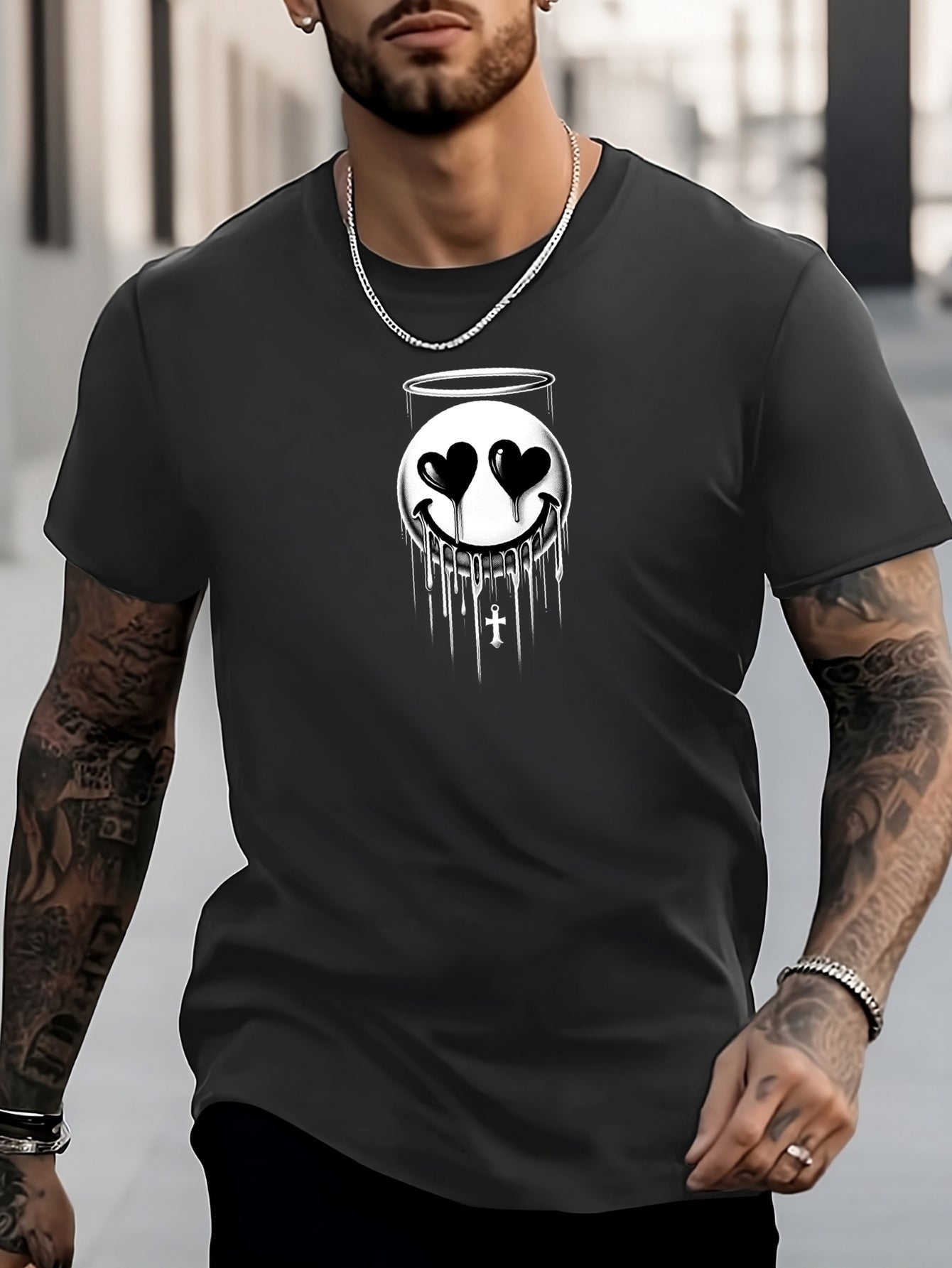 Men's Smiling Face Pattern Shirt Casual Crew Neck Tee Top