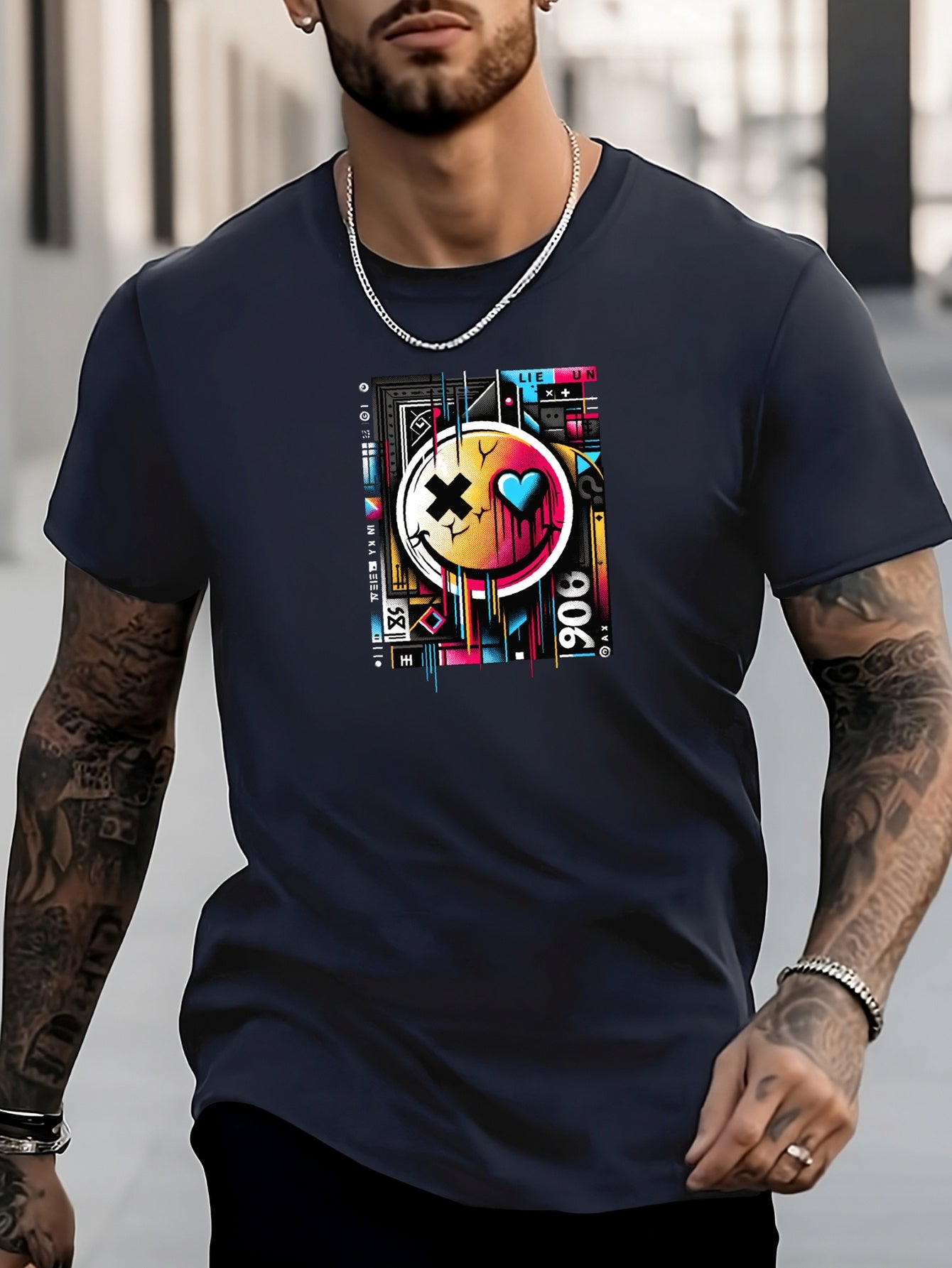 Men's Smiling Face Pattern Shirt Casual Crew Neck Short Sleeve Tee Top