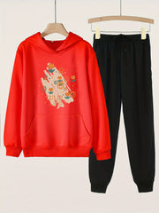 Floral Graffiti Print Hooded Outfit For Girls Hoodie & Pants Set