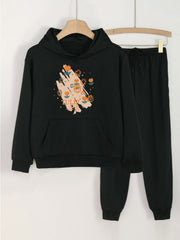 Floral Graffiti Print Hooded Outfit For Girls Hoodie & Pants Set