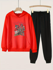 Girls Flowers Print Hoodie Sweatshirt & Solid Sweatpants Set