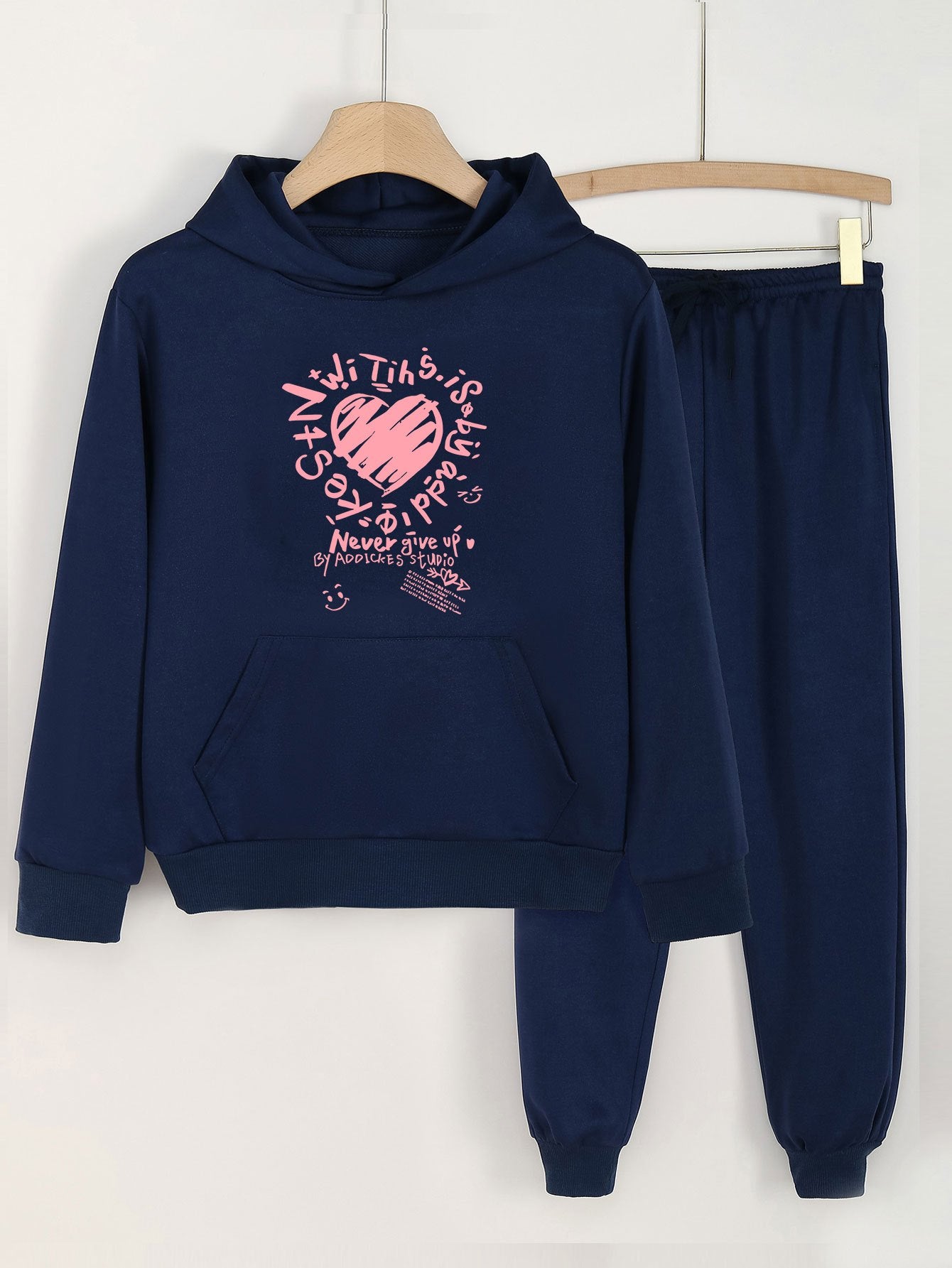 Graffiti Heart Print Hooded Outfit for Girls - Hoodie & Pants Set