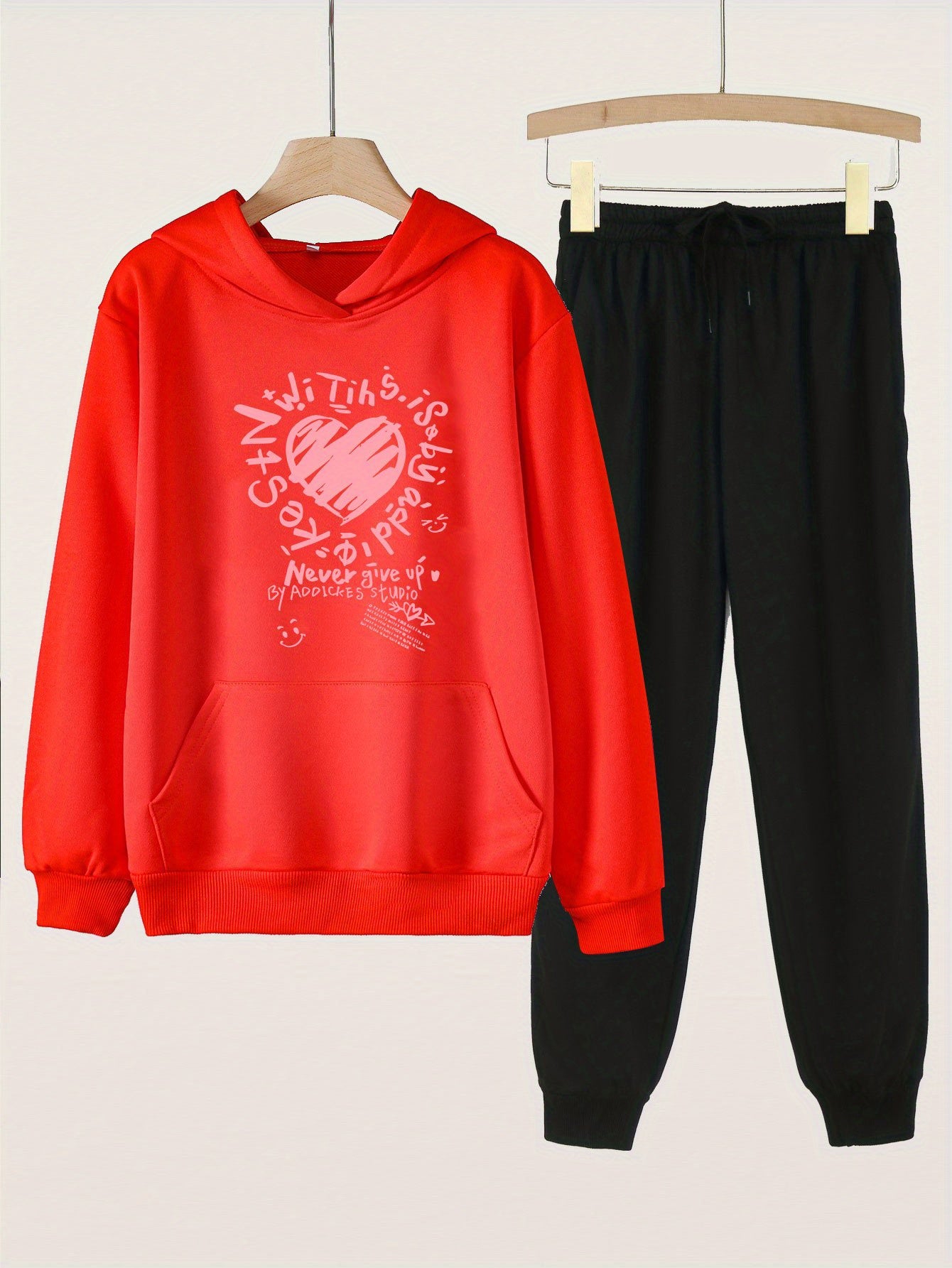 Graffiti Heart Print Hooded Outfit for Girls - Hoodie & Pants Set