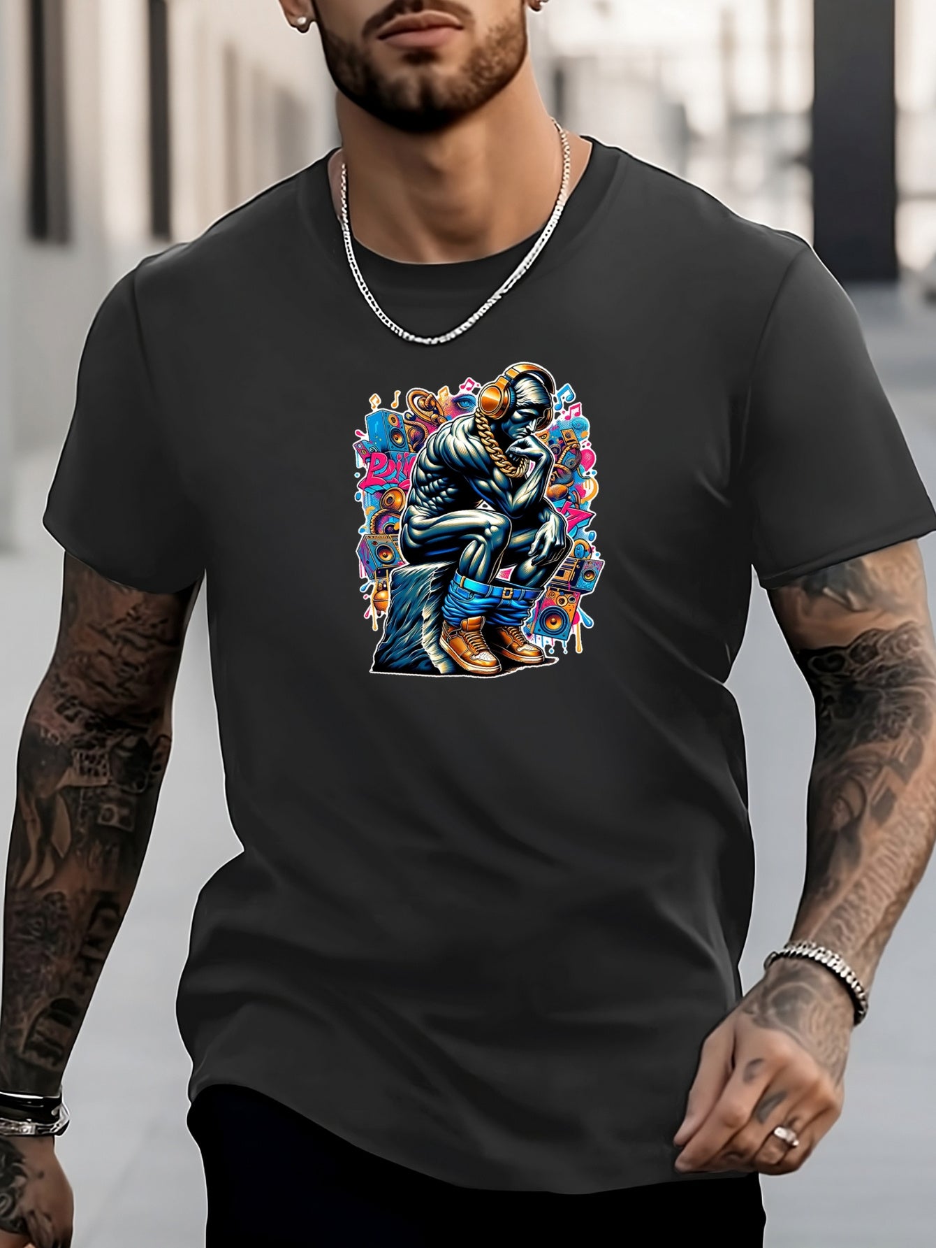 Men's Thinking Man Pattern Shirt Casual Crew Neck Short Sleeve Tee