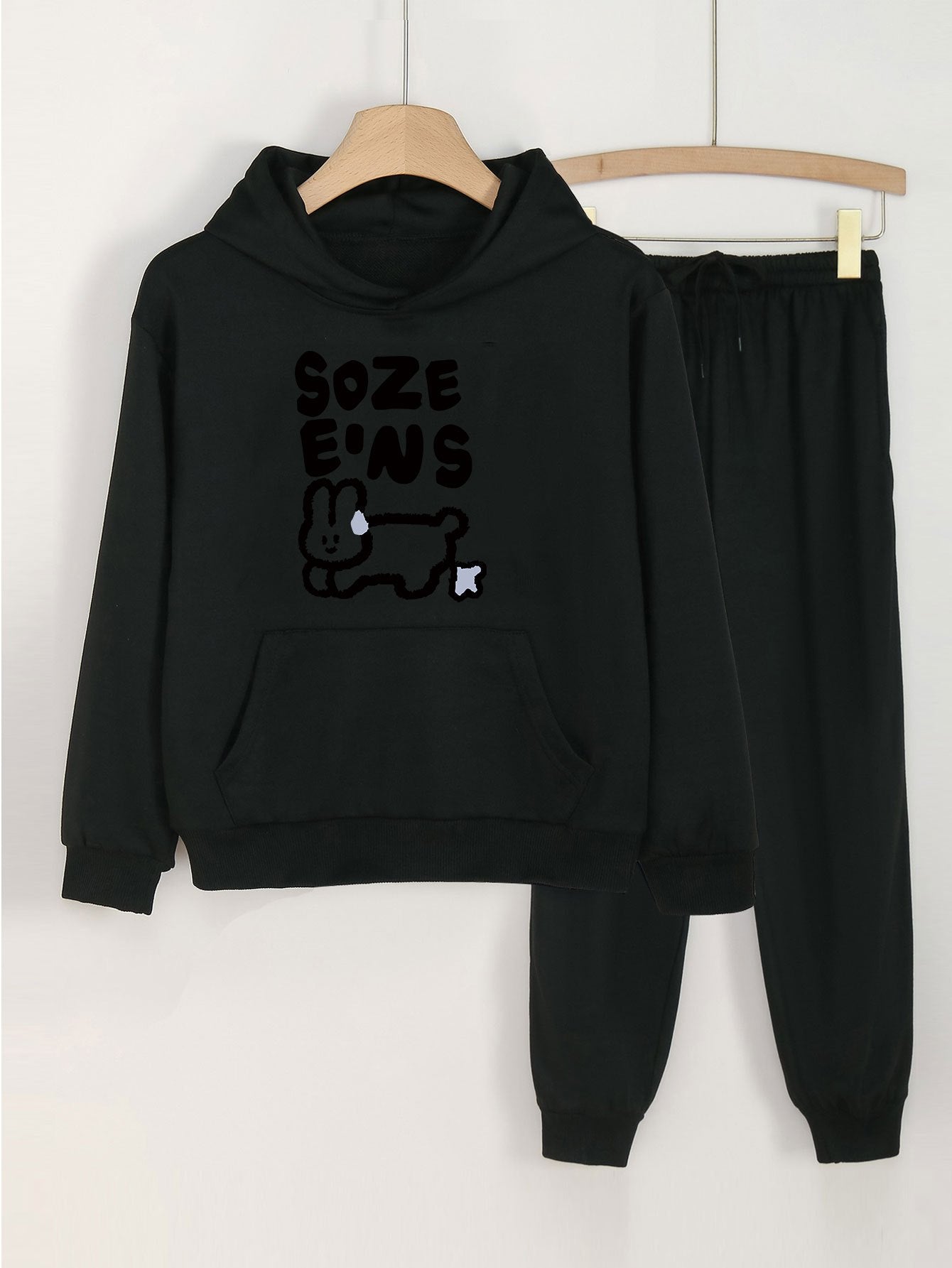 Bunny & Letter Print Hooded Outfit for Girls - Hoodie & Pants Set