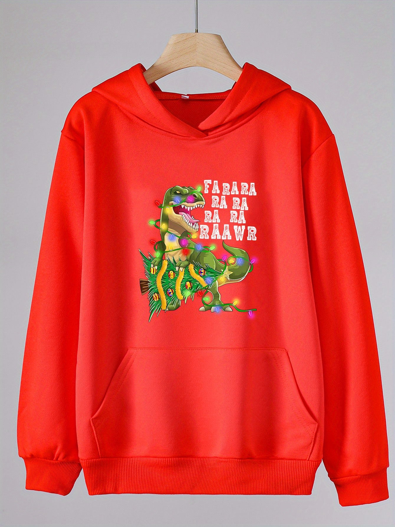 Christmas Dinosaur Print Hoodie For Girls Kids Pullover Hooded Top