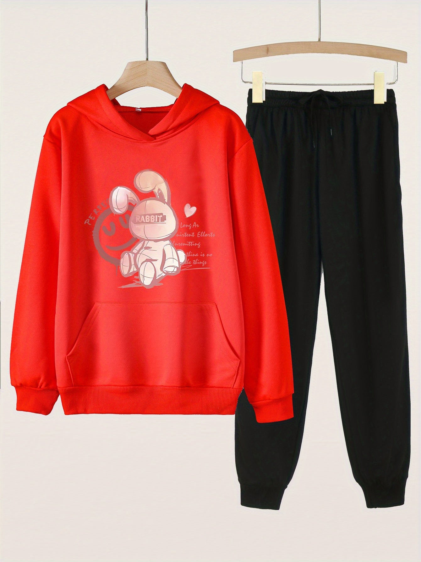 2pcs Bunny Print Girls Hoodie Set Kids Casual Long Sleeve Hooded Sweatshirt