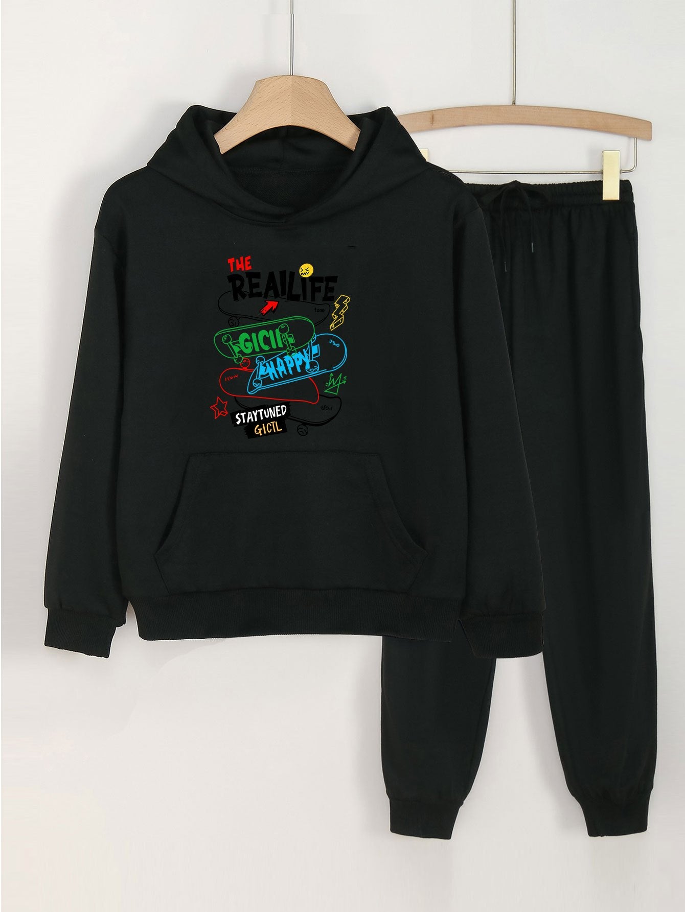 Skateboard Print Girls Hoodie Sweatshirt & Solid Sweatpants Set