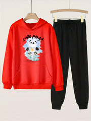2pcs Panda Print Girls Hoodie & Sweatpants Set Kids Casual Long Sleeve Loose Hoo
