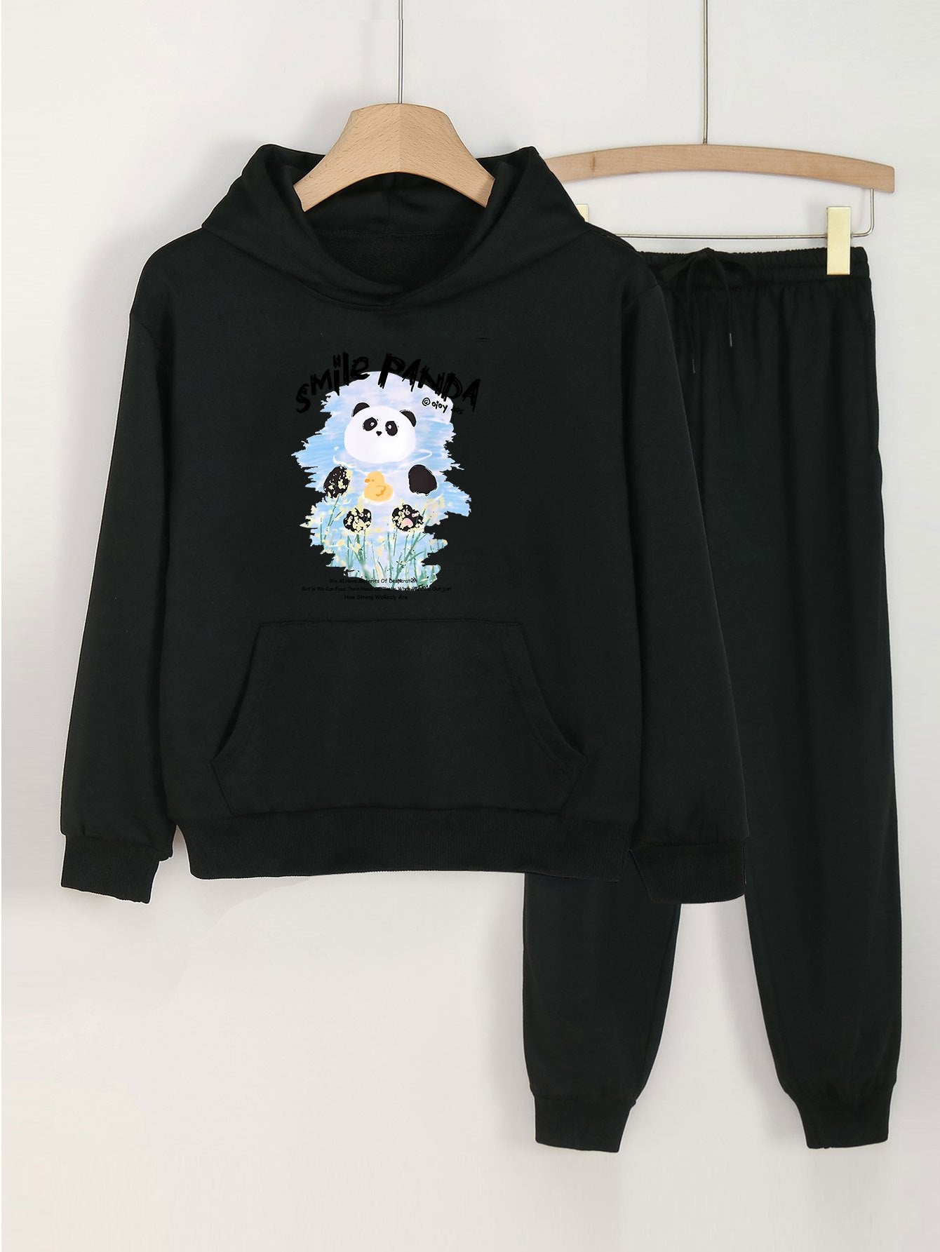 2pcs Panda Print Girls Hoodie & Sweatpants Set Kids Casual Long Sleeve Loose Hoo