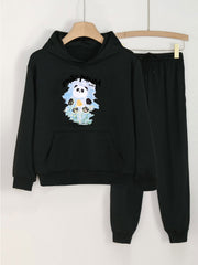 2pcs Panda Print Girls Hoodie & Sweatpants Set Kids Casual Long Sleeve Loose Hoo