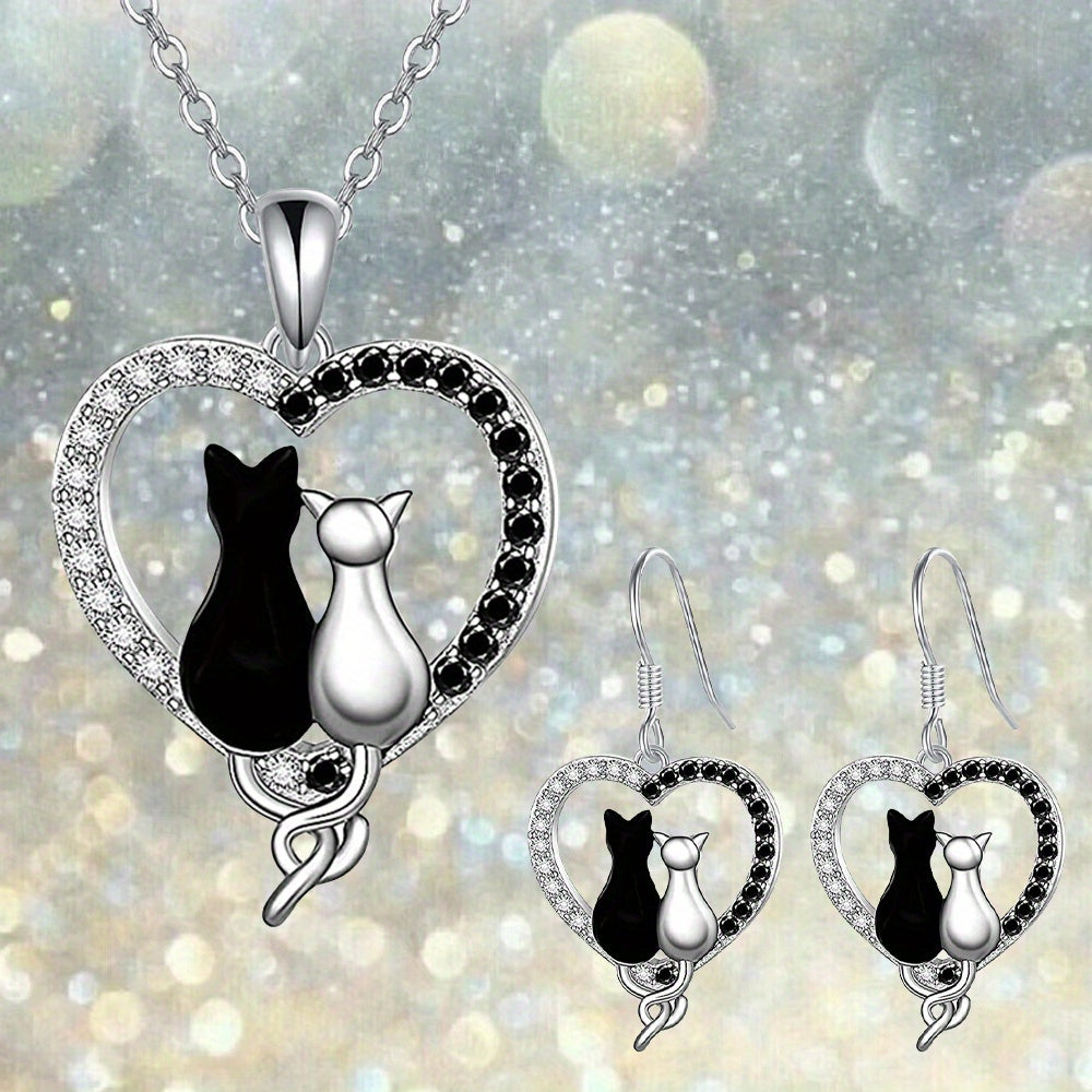 Cat Cat Heart Necklace Earrings Set Birthday Christmas Gift