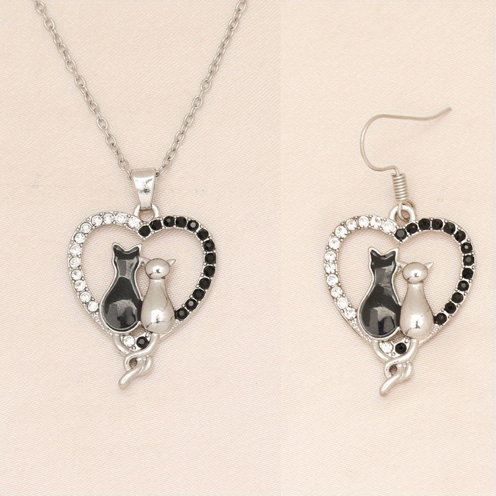 Cat Cat Heart Necklace Earrings Set Birthday Christmas Gift