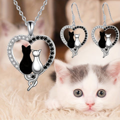 Cat Cat Heart Necklace Earrings Set Birthday Christmas Gift