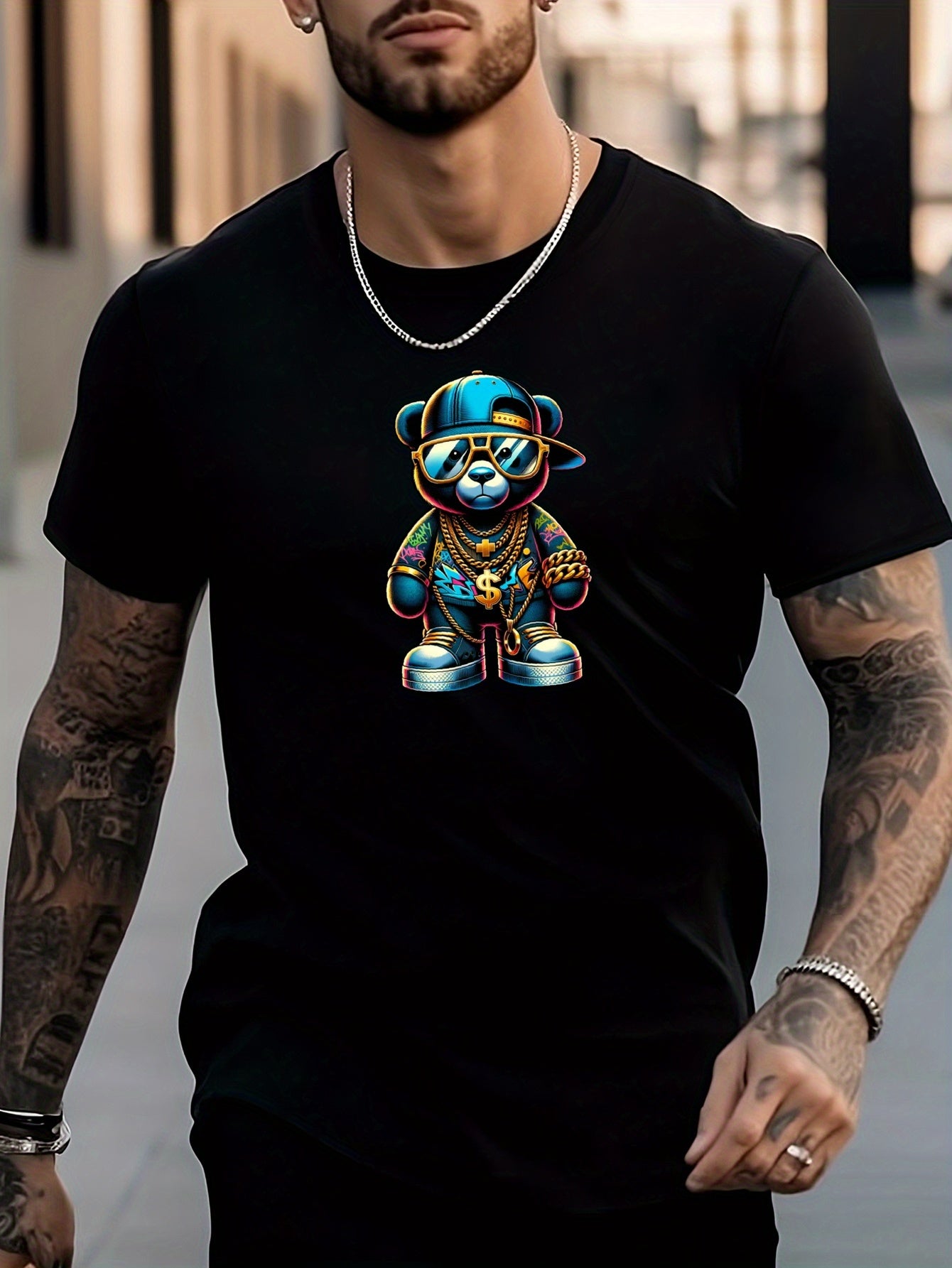 Men's Bear Pattern Shirt Casual Breathable Short Sleeve Tee Top