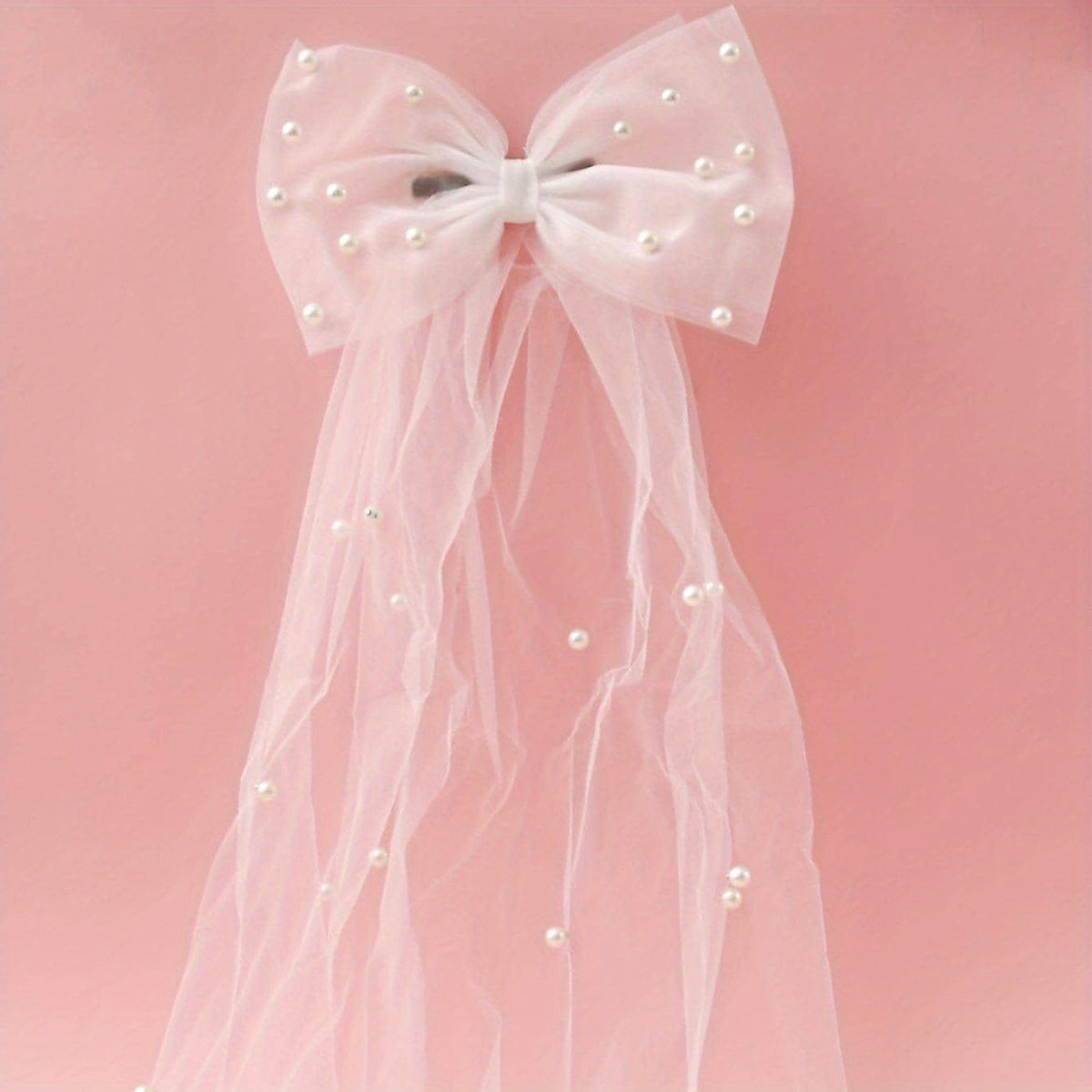 Romantic Bow Veil w/ Faux Pearls Head Veil Bridal Short Veil