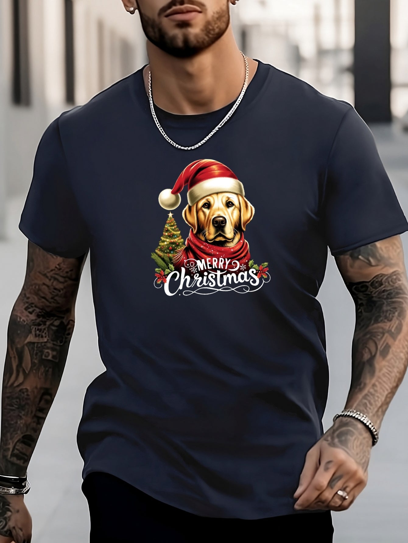 Men's Christmas Dog Pattern Tee Top for Outdoor Activities