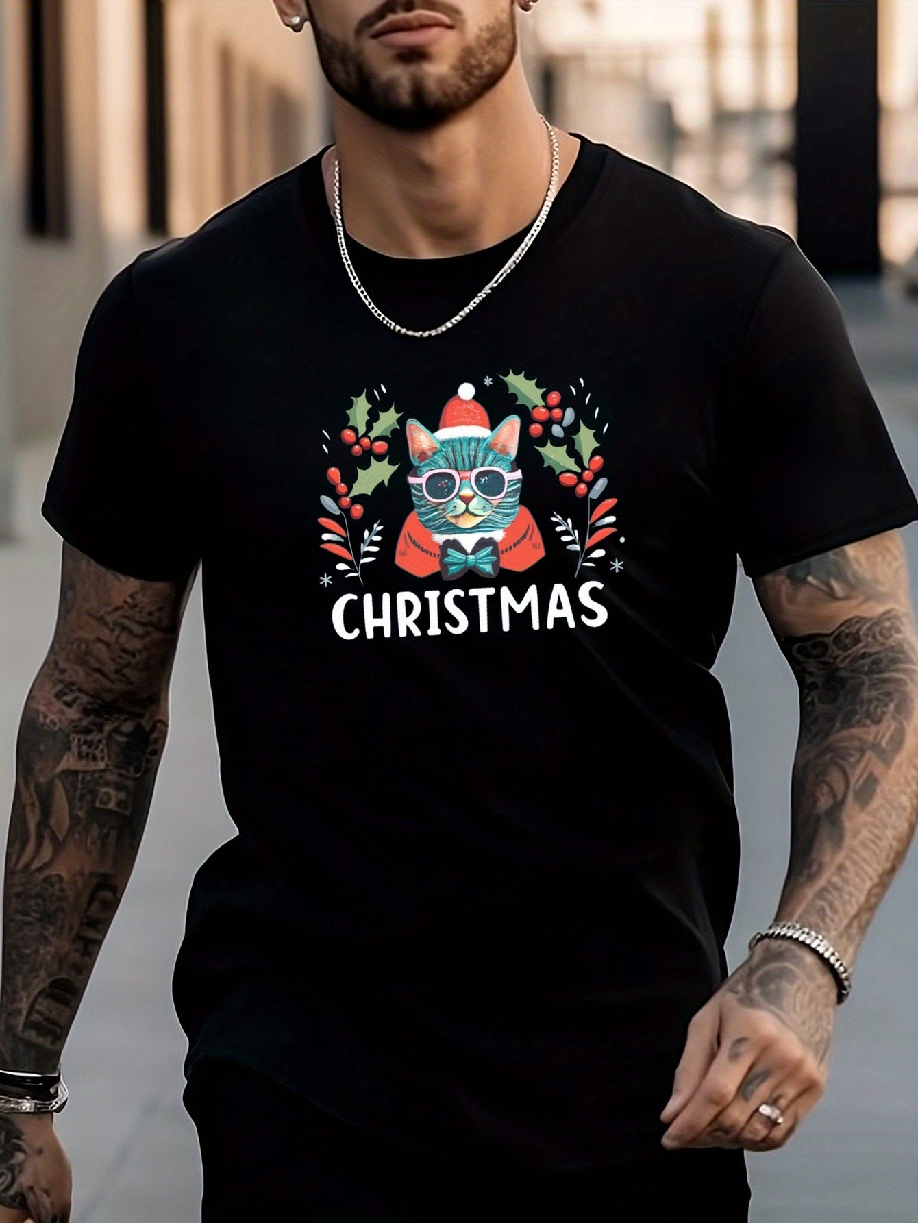 Men's Cat Pattern Shirt Casual Breathable Crew Neck Tee Top