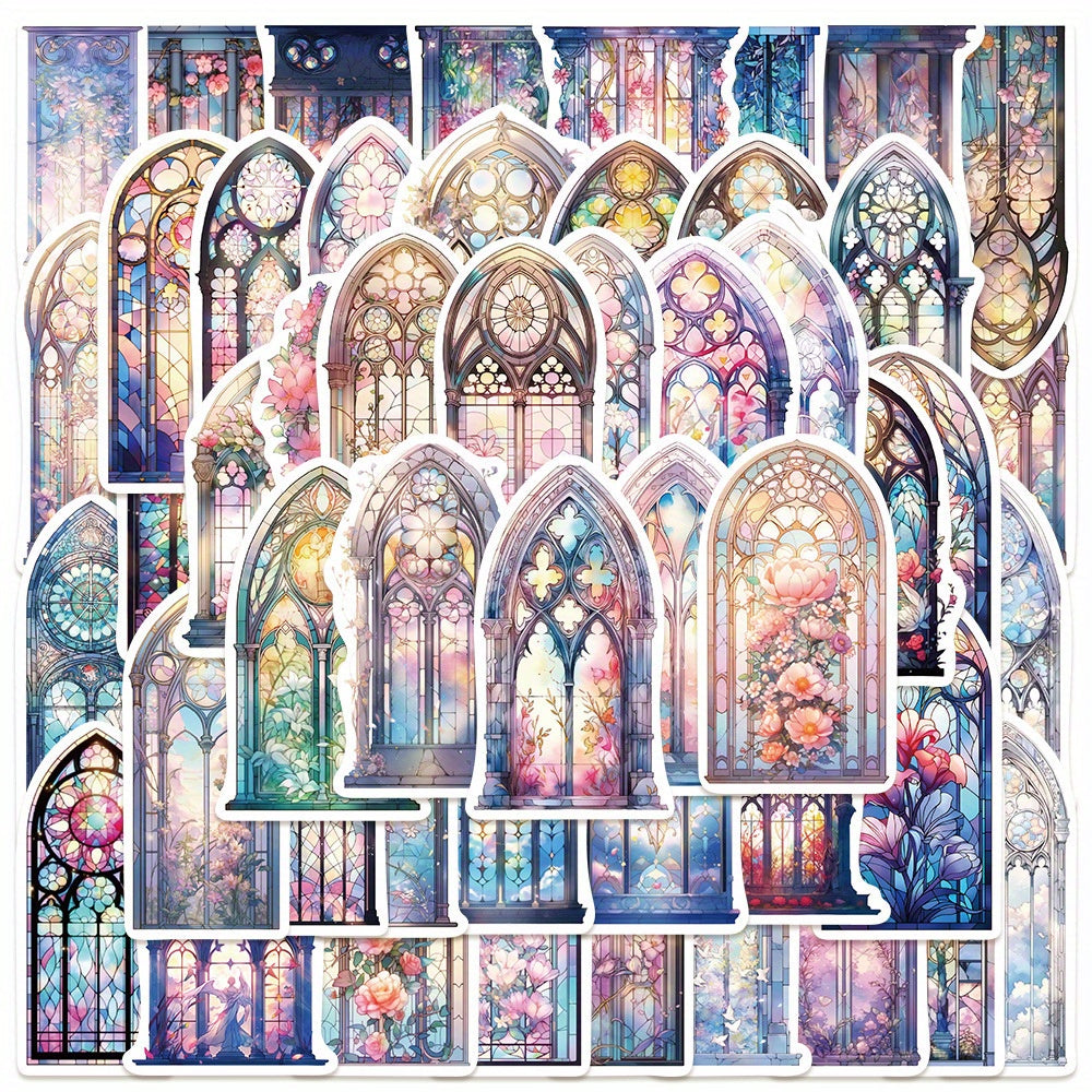 50pcs Church Window Stickers Colorful Floral Glass Stickers