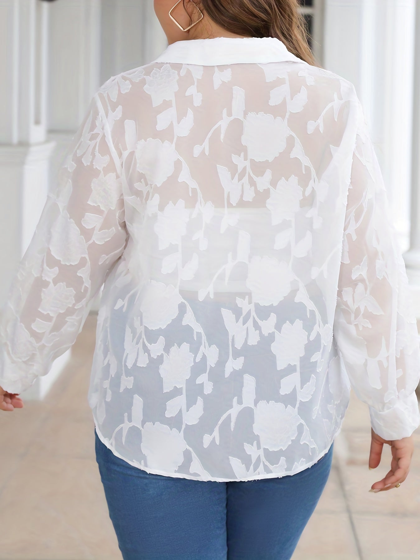  Women's Solid Jacquard Button Up Long Sleeve Semi Sheer Blouse