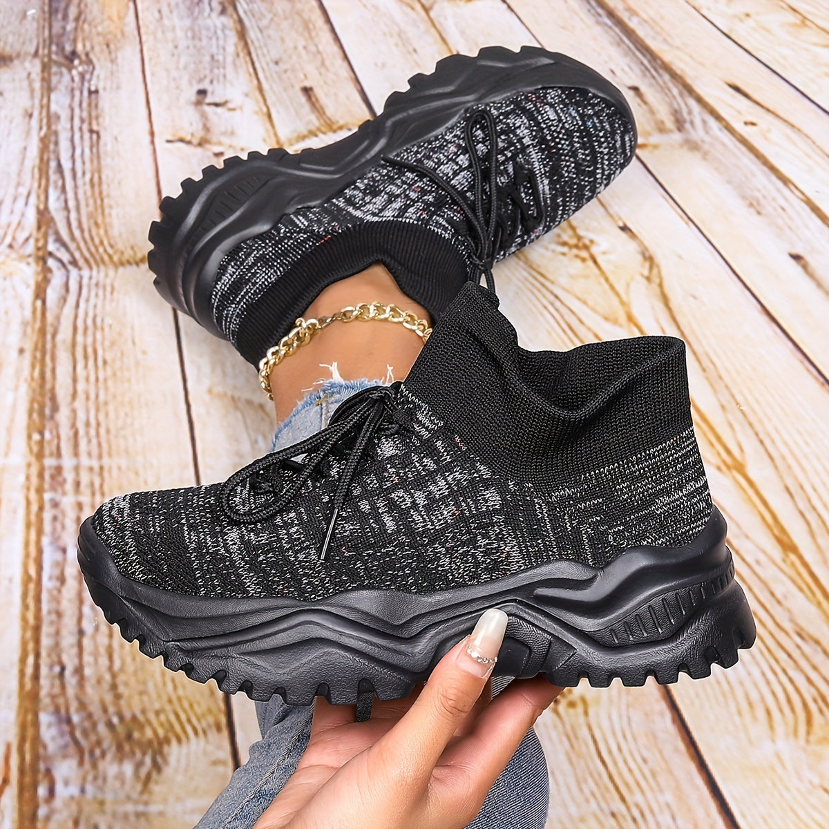 Breathable Knit Women's Running Shoes Lace up Non Slip Casual Sneakers