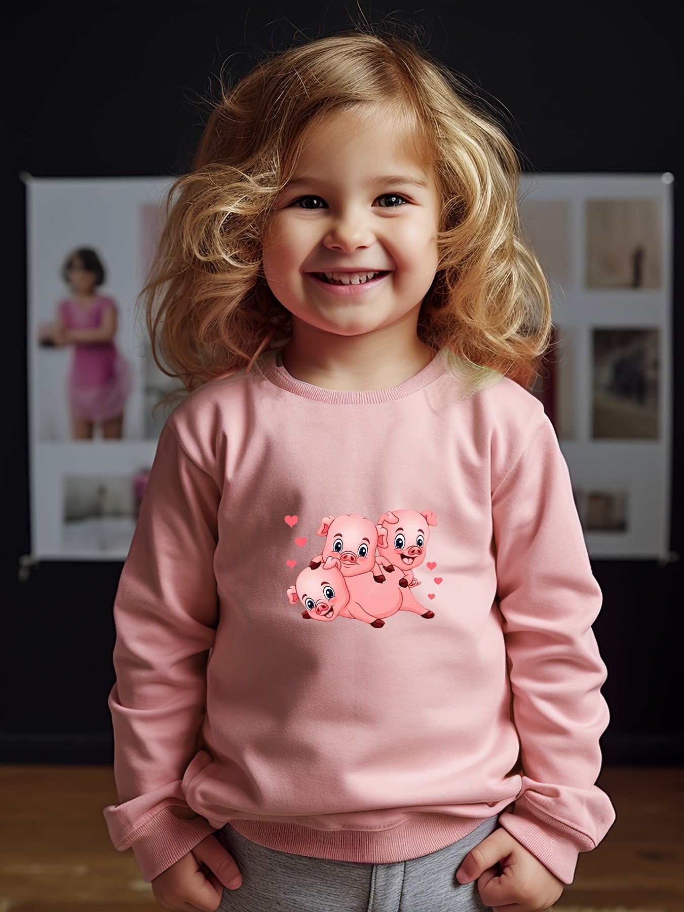 Girls Pigs Pattern Crew Neck Sweatshirt For Spring Fall