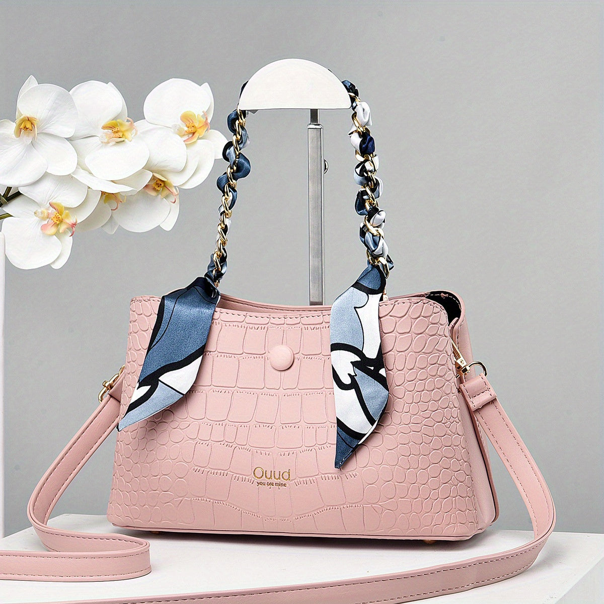 Crocodile Embossed Shoulder Bag with Scarf - Women's Satchel