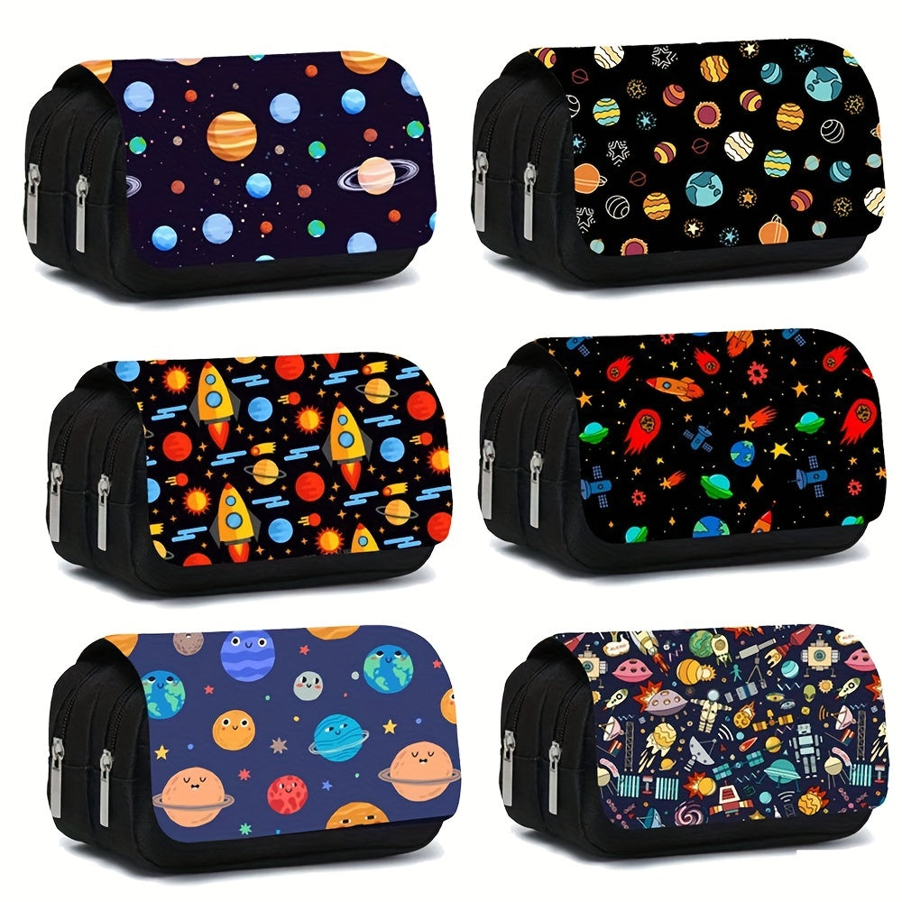 Space Theme Pencil Case with Double Zippers for School Supplies Storage