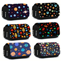 Space Theme Pencil Case with Double Zippers for School Supplies Storage
