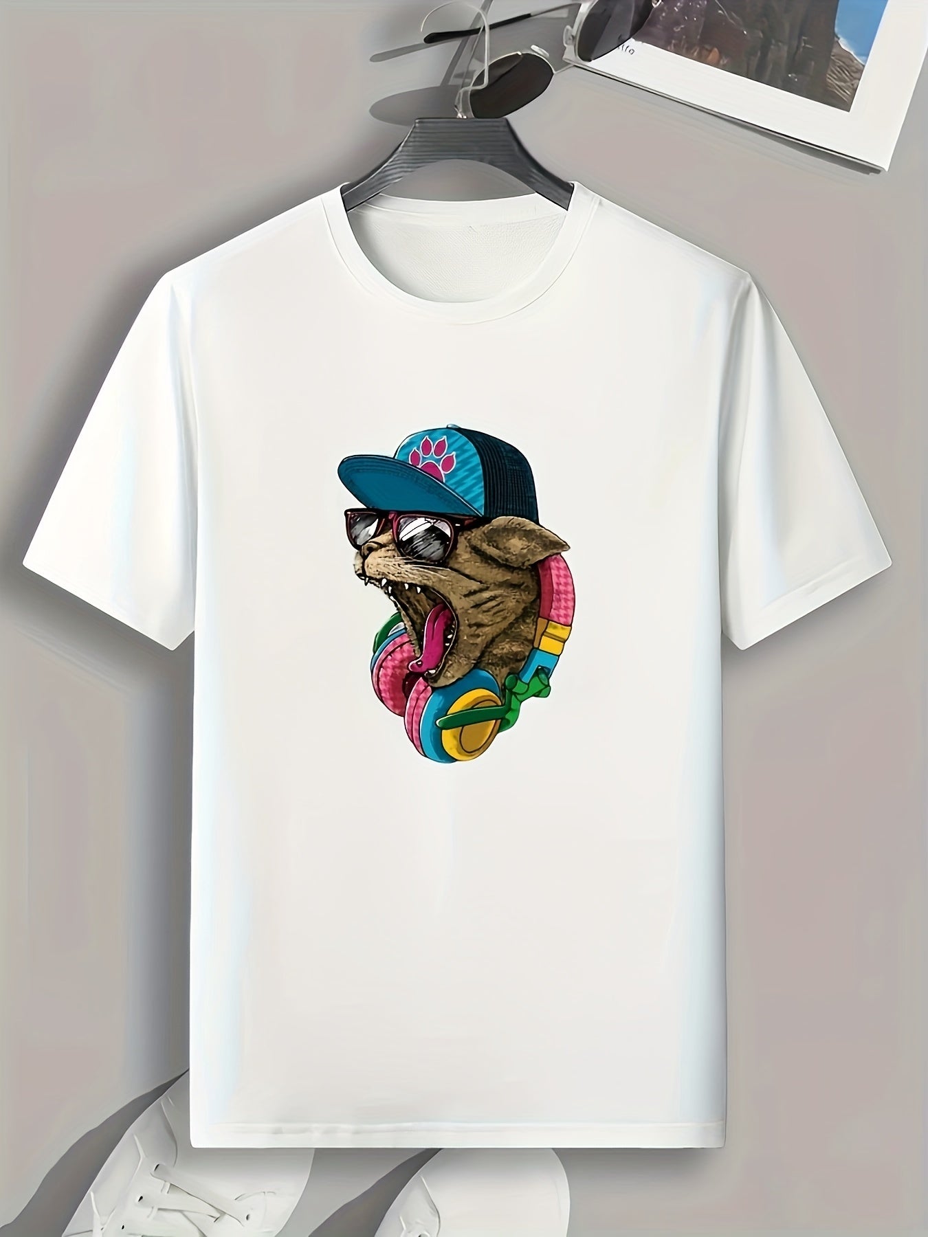 Hip Hop Style Cat Pattern Print Men's Sports T-shirt