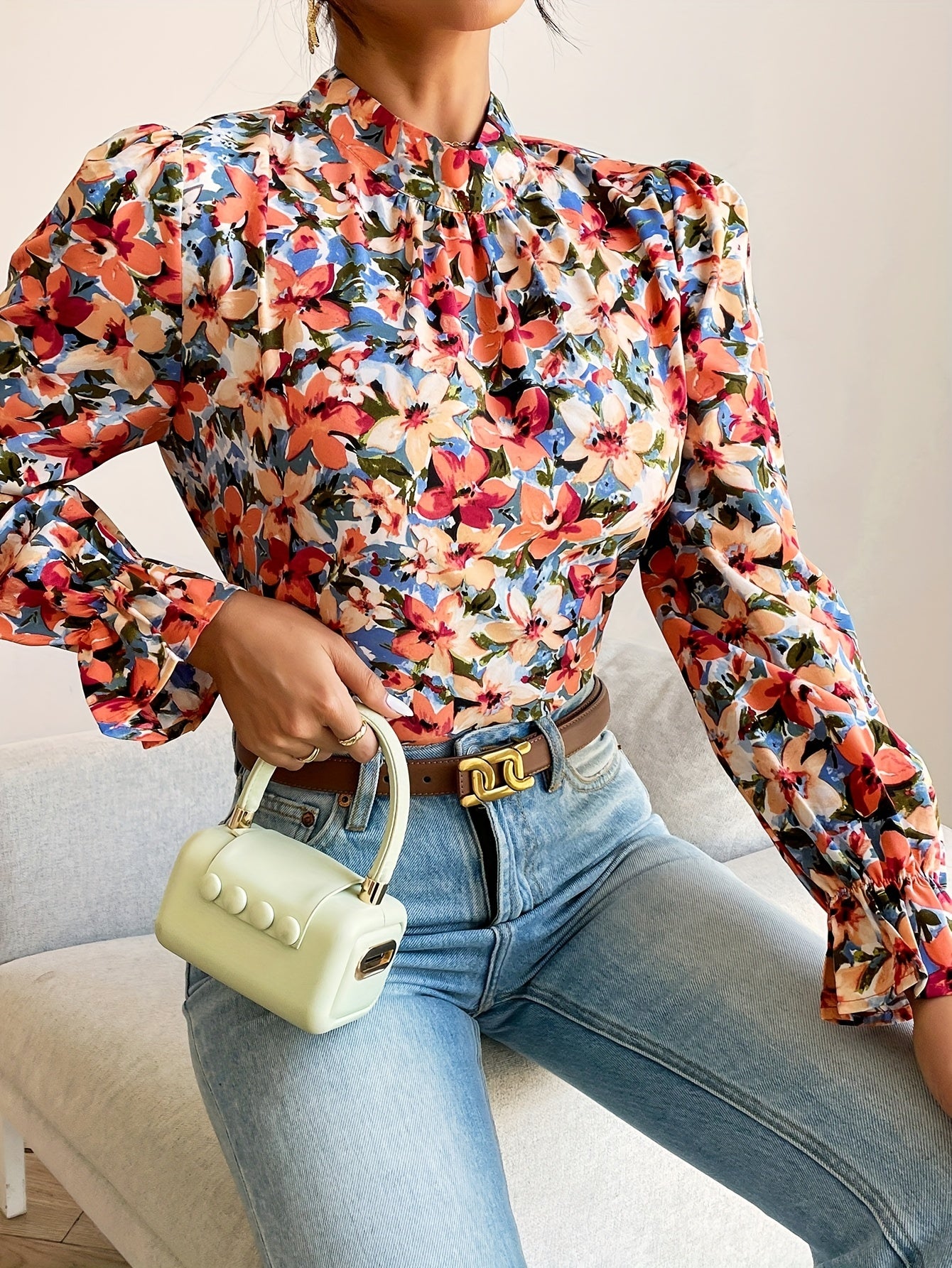  Floral Print Lantern Sleeve Mock Neck Top