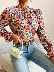  Floral Print Lantern Sleeve Mock Neck Top