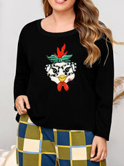 Plus Size Chicken Print Long Sleeve Pajama Top
