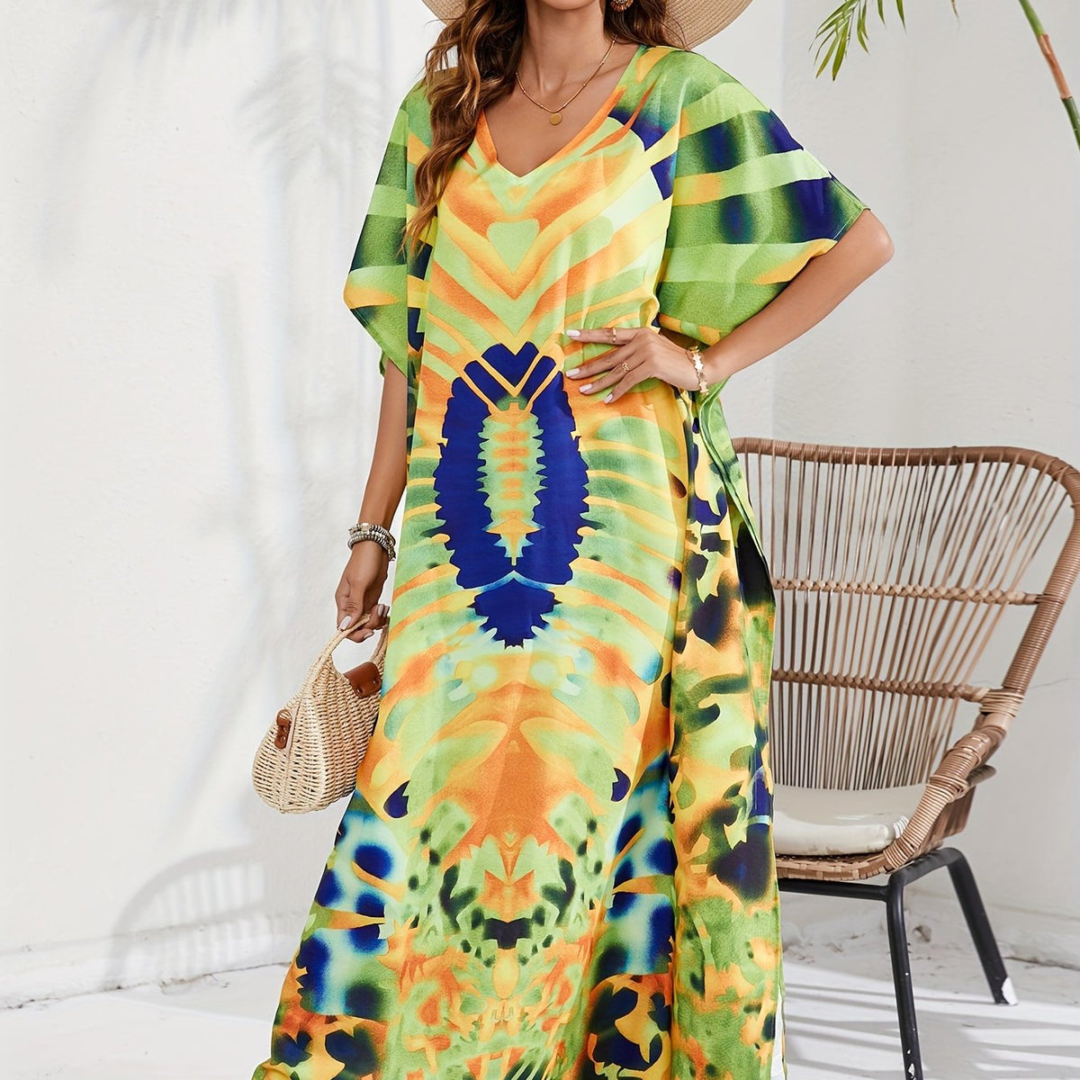  Boho Cover Up Women's Allover Print Maxi Split Dress