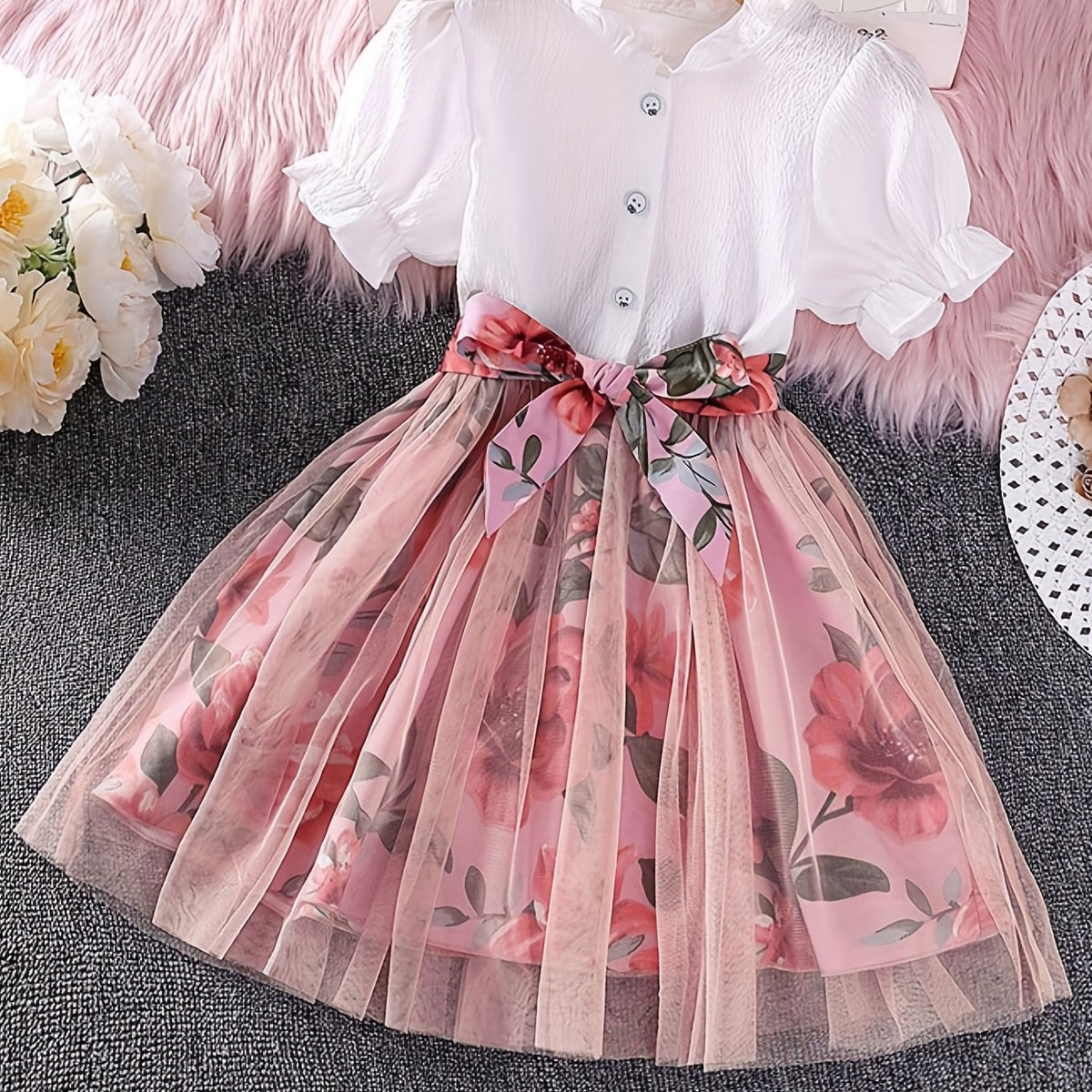 Girls Boho Flowers Print Button Up Short Sleeve Casual Dress