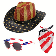 American Flag Cowboy Hat with Glasses Scarf