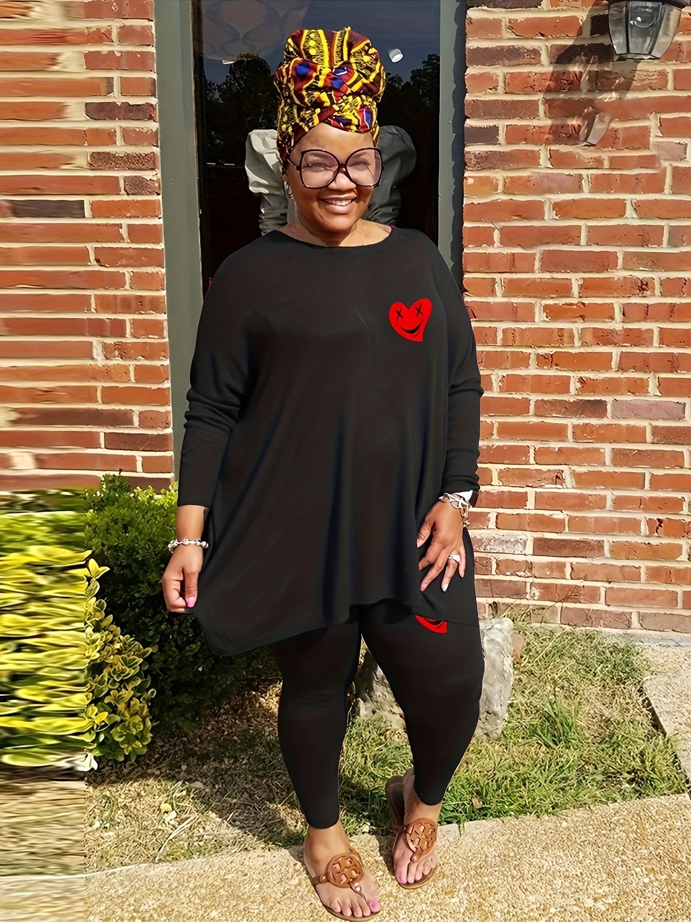  Funny Heart Print Tunic Top & Leggings Outfit Set