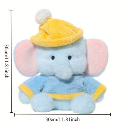 Elephant Plush Toy Realistic Cartoon Elephant with Yellow Knit Hat & Overalls