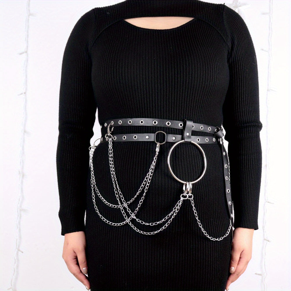  Chain Fringe Harness Belt Double Layer PU Leather Waistband
